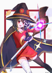  :d auui bandaged_leg bandages belt black_gloves black_hair black_thighhighs blush cape commentary dress female fingerless_gloves gloves hat highres holding holding_staff kono_subarashii_sekai_ni_shukufuku_wo! looking_at_viewer megumin mixed-language_commentary open_mouth red_dress red_eyes short_hair short_hair_with_long_locks signature single_thighhigh smile solo sparkle staff thighhighs v v_over_eye witch_hat 