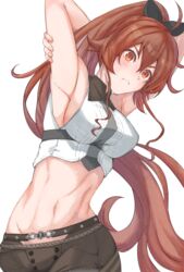  aged_up ahoge armpits arms_behind_head arms_up bare_shoulders black_ribbon blush breasts brown_shorts closed_mouth commentary_request cowboy_shot crop_top crossed_bangs eris_greyrat female frown groin hair_between_eyes hair_ribbon highres large_breasts long_hair looking_at_viewer midriff mushoku_tensei navel ponytail red_eyes red_hair ribbon saico_isshin shirt shorts sideboob sidelocks simple_background sleeveless sleeveless_shirt solo standing thick_eyebrows twisted_torso very_long_hair white_background white_shirt 