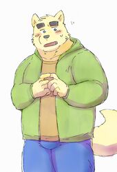  2022 anthro black_nose blush bottomwear canid canine canis clothing domestic_dog hi_res hoodie humanoid_hands kemono kick_(artist) male mammal pants shirt solo topwear 