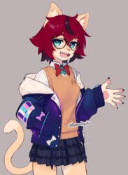  aeiou_(yoako) anthro astrological_symbol astronomical_symbol biped black_highlights blue_eyes bottomwear bow_tie clothed clothing domestic_cat eyewear felid feline felis glasses hair hi_res highlights_(coloring) inner_ear_fluff jupiter_symbol mammal open_mouth pawpads planet_symbol power_symbol pupils red_hair sharp_teeth simple_background skirt solo symbol symbol-shaped_pupils tail_under_skirt teeth tuft unusual_pupils yoako 