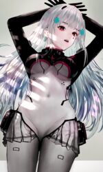  absurdres ah_(pixiv62888100) arms_behind_head blue_hair bodysuit breasts covered_navel feet_out_of_frame female from_above girls&#039;_frontline green_eyes hair_between_eyes hair_ornament hairclip highres hk416_(girls&#039;_frontline) hk416_(midnight_evangelion)_(girls&#039;_frontline) light_blue_hair long_hair looking_at_viewer medium_breasts multicolored_bodysuit multicolored_clothes official_alternate_costume open_mouth skin_tight solo standing teardrop_facial_mark teardrop_tattoo 