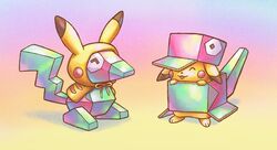  ^_^ box cardboard_box closed_eyes commentary cortoony cosplay english_commentary gradient_background hood no_humans pikachu pikachu_(cosplay) pikachu_costume pokemon pokemon_(creature) porygon porygon_(cosplay) smile standing tongue tongue_out 