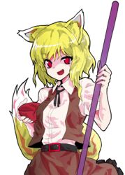  alphes_(style) animal_ears artist_request belt black_belt black_neckwear black_ribbon blonde_hair bowl brown_skirt brown_vest collared_shirt commentary_request cookie_(touhou) cowboy_shot female fox_ears fox_girl fox_tail highres holding holding_bowl holding_staff looking_at_viewer medium_hair miramikaru_riran oerba_yun_fang open_mouth parody red_eyes ribbon shaded_face shirt shirt_tucked_in simple_background skirt solo staff style_parody tail transparent_background vest white_shirt 