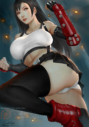  ariverkao black_hair black_skirt black_thighhighs breasts brown_eyes crop_top dated elbow_gloves female final_fantasy final_fantasy_vii final_fantasy_vii_remake fingerless_gloves from_below gloves large_breasts lips long_hair midriff navel panties pantyshot parted_lips patreon_logo pencil_skirt shirt signature skirt solo suspender_skirt suspenders tank_top taut_clothes taut_shirt thighhighs tifa_lockhart underwear upskirt white_panties white_tank_top wrist_guards 