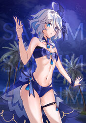  :o absurdres ahoge bandeau bare_arms bare_shoulders beach bikini blue_bikini blue_bow blue_eyes blue_hair blue_sky bow breasts cloud commentary cowboy_shot detached_collar female furina_(genshin_impact) genshin_impact hairbow hand_up highres long_hair looking_at_viewer multicolored_hair navel night night_sky no_headwear ocean outdoors palm_tree parted_lips safium sky small_breasts solo standing stomach strapless strapless_bikini streaked_hair swimsuit thigh_strap thighs tree very_long_hair water white_hair wrist_cuffs 