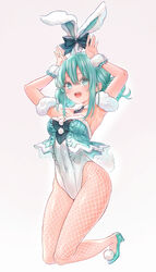  :d animal_ears aqua_eyes aqua_hair aqua_nails bicute_bunnies_miku black_bow black_necktie blush bow breasts cleavage collarbone covered_navel detached_collar detached_sleeves double_bun ear_bow eyelashes fake_animal_ears fake_tail female fishnet_pantyhose fishnets fur-trimmed_leotard fur_trim gradient_background hair_bun hatsune_miku highres kneeling leotard looking_at_viewer nail_polish necktie pantyhose playboy_bunny pom_pom_(clothes) rabbit_ears rabbit_tail short_necktie sidelocks silentcity smile solo strapless strapless_leotard tail tie_clip tied_ears vocaloid white_background white_leotard wrist_cuffs 