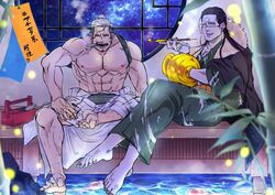  2boys abs alternate_costume bara barefoot clothes_down commentary_request crocodile_(one_piece) facial_hair full_body green_kimono holding holding_smoking_pipe hook_hand japanese_clothes kimono large_pectorals male_focus mature_male medium_sideburns multiple_boys muscular muscular_male nipples one_piece outstretched_leg pectorals poolside scar scar_on_face scar_on_forehead short_hair sideburns_stubble sideways_glance smirk smoker_(one_piece) smoking_pipe sparse_stubble stitches stubble tsurime white_hair wol_1014 yaoi 