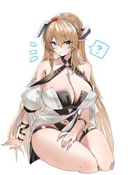  ? arknights arm_support bare_shoulders blonde_hair blue_eyes breasts cleavage closed_mouth dragon_horns female grey_horns hair_ornament hairband hand_on_own_thigh highres horn/wood horns huge_breasts invisible_chair long_hair looking_at_viewer midriff_peek navel pointy_ears puffy_sleeves saileach_(arknights) saileach_(summer_flowers)_(arknights) simple_background sitting smile solo spoken_question_mark swimsuit thick_thighs thigh_strap thighs white_background 