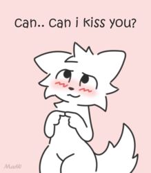  anthro artist_name blush boy_kisser_(meme) digital_media_(artwork) domestic_cat embarrassed english_text felid feline felis fluffy fluffy_tail fur index_to_index kiss_request male mammal marw meme nude pink_background romantic shy silly_cat_(mauzymice) simple_background smile solo tail text tuft white_body white_fur 