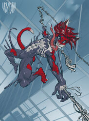  anthro assimilation barefoot bodily_fluids charles_the_stray_kitty city city_background cityscape corruption feet felid feline fur hi_res ladydino liquid_latex long_tongue male mammal marvel red_body red_fur saliva solo spider_web symbiote tongue transformation venom_(marvel) web_swinging white_body white_fur 