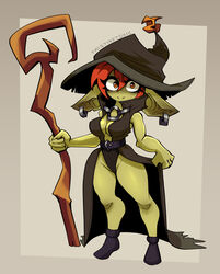  2023 black_clothing black_hat black_headwear breasts cleavage clothed clothing ear_piercing ear_ring female goblin gobtober gobtober_2023 green_body green_skin hair hat headgear headwear humanoid humanoid_pointy_ears looking_at_viewer mammal orange_eyes piercing red_hair ring_piercing short_stack simple_background smile solo staff twistingtoxic witch_costume witch_hat 