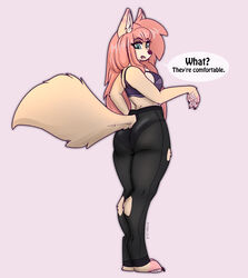  absurd_res anthro ass aurum_(kiit0s) blue_eyes bottomwear bra canid canine canis claws clothing dialogue digital_media_(artwork) digitigrade female fluffy fluffy_tail hair hi_res kiit0s legwear long_hair looking_at_viewer looking_back looking_back_at_viewer mammal pants pawpads pink_hair pink_pawpads sports_bra tail tights underwear wolf yoga_pants 