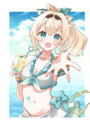  ahoge aqua_eyes beckoning bikini bikini_skirt black_hairband blonde_hair blush bow breasts commentary contrapposto cup double-parted_bangs female frilled_bikini frilled_skirt frills front-tie_bikini_top front-tie_top hairband hairbow highres holding holding_cup hololive hololive_summer_2022_swimsuit kazama_iroha looking_at_viewer medium_breasts medium_hair miniskirt multicolored_bow nanaka_nagomi navel offering_hand official_alternate_costume open_mouth ponytail print_bikini reaching reaching_towards_viewer skirt smile solo sticker_on_stomach swimsuit tropical_drink virtual_youtuber waist_bow white_bikini white_skirt 