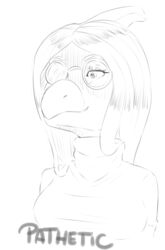  anthro badfidhell bone_frill cavemanon_studios clothing dinosaur english_text extinct eyelashes eyewear facial_markings female frill_(anatomy) glasses gloom_lines hadrosaurid hair head_crest head_frill head_markings long_hair markings meme monochrome muzzle_(marking) narrowed_eyes one_eye_obstructed ornithischian ornithopod parasaurolophus pathetic_(meme) prehistoric_species reptile scalie shirt simple_background smile snoot_game snout snout_markings solo text theresa_(snoot_game) topwear white_background 