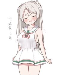  angry blush breasts brown_eyes conte_di_cavour_(kancolle) cosplay cowboy_shot diagonal-striped_clothes diagonal-striped_neckerchief dress embarrassed female grey_hair kantai_collection large_breasts libeccio_(kancolle) libeccio_(kancolle)_(cosplay) long_hair neckerchief open_mouth panties sailor_collar sailor_dress simple_background sleeveless sleeveless_dress solo striped_clothes striped_neckerchief tiemu_(man190) translated two_side_up underwear white_background white_dress white_panties white_sailor_collar 