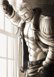  1boy abs against_window bara brown_theme chiseled_face coat commentary_request cowboy_shot denim epaulettes facial_hair jeans kokorozashi large_pectorals looking_at_viewer looking_to_the_side male_focus mature_male medium_sideburns muscular muscular_male navel one_piece pants pectoral_cleavage pectorals scar scar_on_face scar_on_forehead short_hair sideburns_stubble smoker_(one_piece) solo sparse_stubble stitches stomach stubble tsurime 