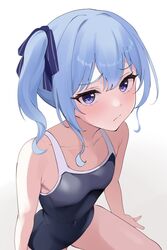  alternate_costume alternate_eye_color blue_eyes blue_hair blue_one-piece_swimsuit blue_ribbon blush breasts closed_mouth collarbone commentary covered_navel fawny female frown hair_ribbon highres hololive hoshimachi_suisei light_frown looking_at_viewer medium_hair one-piece_swimsuit pout purple_eyes ribbon school_swimsuit side_ponytail simple_background sitting small_breasts solo star_(symbol) star_in_eye swimsuit symbol_in_eye variant_set virtual_youtuber white_background 