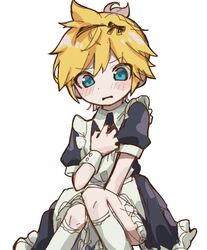  1boy apron blonde_hair blue_eyes blush bow crossdressing hairband hairbow hand_on_own_chest kagamine_len maid maid_apron male_focus messy_hair neckerchief open_mouth otoko_no_ko red_neckerchief short_hair simple_background solo thighhighs urin_(coconuts3252) vocaloid white_background white_thighhighs 