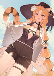  absurdres animal_ear_fluff animal_ears arknights bare_shoulders black_gloves black_hat black_ribbon black_shirt black_shorts blue_sky blush breasts buckle center_opening chest_strap cloud cloudy_sky collarbone commentary_request cowboy_shot day drill_hair dutch_angle embarrassed female fingerless_gloves fingernails flower from_below gloves green_eyes green_nails hair_flower hair_ornament hands_up hat hat_ribbon high-waist_shorts highres jacket jewelry lapels long_hair looking_at_viewer looking_down medium_breasts nail_polish neck_ribbon necklace notched_lapels oerba_yun_fang official_alternate_costume open_clothes open_jacket open_mouth opened_by_self orange_hair orange_tail outdoors parted_bangs ribbon sand shade shirt short_shorts shorts sidelocks single_glove skindentation sky sleeveless sleeveless_jacket sleeveless_shirt smile solo striped_tail sun_hat sunlight suzubotan sweat swire_(arknights) swire_the_elegant_wit_(arknights) tail thigh_strap thighs tiger_ears tiger_girl tiger_tail very_long_hair white_flower white_jacket 