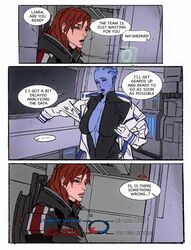  2girls alien armor asari_(mass_effect) blue_skin breasts colored_skin commander_shepard commander_shepard_(female) dressing green_eyes highres liara_t&#039;soni mass_effect mass_effect_(series) multiple_girls n7_armor red_hair scar short_hair sweat xinanfang217 