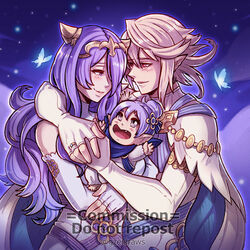  1boy 2girls artist_name baby camilla_(adrift)_(fire_emblem) camilla_(fire_emblem) commission corrin_(fire_emblem) corrin_(male)_(adrift)_(fire_emblem) corrin_(male)_(fire_emblem) english_commentary family father_and_daughter fingerless_gloves fire_emblem fire_emblem_fates fire_emblem_heroes gloves grey_hair gzei hair_bun highres husband_and_wife jewelry kana_(fire_emblem) mother_and_daughter multiple_girls official_alternate_costume purple_hair ring smile tiara twitter_username wedding_ring 