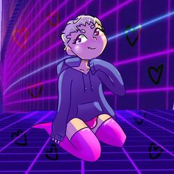  1:1 abstract_background blue_clothing blue_sweater blue_topwear blush bulge clothed clothing eyebrows eyelashes footwear hair human knee_highs knee_socks kneeling legwear looking_away looking_up male mammal oversized_clothing oversized_sweater oversized_topwear partially_clothed pupils purple_knee_socks purple_pupils pyrocynical socks solo sweater topwear unknown_artist white_blush white_body white_eyebrows white_hair white_sclera white_skin 