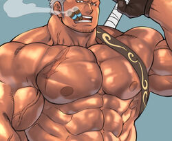  1boy abs bara commentary_request cropped facial_hair fighting_stance flexing_pectorals large_pectorals looking_at_viewer male_focus mature_male medium_sideburns muscular muscular_male nipples nude one_piece pectorals ready_to_draw revision scar scar_on_face scar_on_forehead shiny_skin short_hair sideburns_stubble smoker_(one_piece) solo sparse_stubble stitches strongman_waist stubble terujirou_(masateruteru) thick_neck tsurime upper_body veiny_face veiny_neck white_hair 