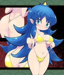  aqua_eyes ass bikini blue_hair blush breasts cameltoe female horns large_breasts long_hair looking_at_viewer momotarou_densetsu multiple_views navel nollety pointy_ears seigaiha single_horn swimsuit very_long_hair yashahime_(momotarou_densetsu) yellow_bikini 