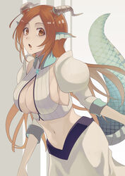  absurdres bare_shoulders bleach bleach:_sennen_kessen-hen breasts brown_eyes chinese_zodiac cleavage cleavage_cutout clothing_cutout commentary_request cowboy_shot cropped_shirt dragon_ears dragon_girl dragon_horns dragon_tail female floating_hair highres horns inoue_orihime juliet_sleeves kemonomimi_mode large_breasts long_hair long_sleeves looking_at_viewer navel official_alternate_costume open_mouth orange_hair parted_bangs puffy_sleeves shirt sleeveless sleeveless_shirt solo sumire_1046 tail tail_raised very_long_hair white_shirt year_of_the_dragon 