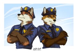  absurd_res anthro back_to_back badge biggoodwolf black_nose blue_clothing blue_eyes blue_shirt blue_topwear canid canine cheek_tuft clothed clothing collared_shirt crossed_arms dipstick_arms dipstick_ears doppelfoxx dress_shirt duo ear_markings ears_up facial_tuft fluffy_arms fox fur hi_res jakkals_van_der_bergh_(doppelfoxx) littlebadwolf male male/male mammal multicolored_ears neck_tuft necktie orange_body orange_eyes orange_fur police police_badge police_hat police_officer police_uniform scott_(scottthefox94) shirt shoulder_to_shoulder signature simple_background sky topwear tuft uniform whiskers white_background yellow_eyes 