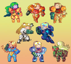  aiming arm_cannon blonde_hair chibi fusion_suit glowing green_hair hair_slicked_back highres hoshizora_lone light_suit_(metroid) long_hair metroid metroid_(classic) metroid_dread metroid_fusion metroid_prime metroid_prime_2:_echoes metroid_prime_3:_corruption metroid_suit multiple_persona official_alternate_costume ped_suit ponytail power_suit power_suit_(metroid) samus_aran standing super_metroid varia_suit weapon 