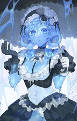  absurdres black_ribbon black_sleeves black_umbrella blue_eyes blue_hair braid choker cloud commentary corset crotch_cutout female frilled_corset frilled_sleeves frilled_umbrella frills happy highres holding holding_umbrella light_blush maid maid_headdress monster_girl navel original panties parted_lips quilted_headwear ribbon ribbon_choker sad sakoku_(oyatsu3ji_) see-through slime_(substance) slime_girl solo symbol-only_commentary tongue umbrella underwear 