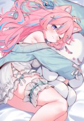  ;) animal_ear_fluff animal_ears bare_shoulders bed_sheet blue_hair blue_jacket blue_ribbon blush cat_ears closed_mouth commission dress eip_(pepai) feet_out_of_frame female frilled_dress frills hair_between_eyes hair_ornament hair_ribbon hairclip highres hugging_object indie_virtual_youtuber itigori_ena jacket long_sleeves lying multicolored_hair off_shoulder on_side one_eye_closed one_side_up open_clothes open_jacket pillow pink_hair puffy_long_sleeves puffy_sleeves purple_eyes ribbon skeb_commission sleeveless sleeveless_dress sleeves_past_wrists smile solo streaked_hair virtual_youtuber white_dress x_hair_ornament 