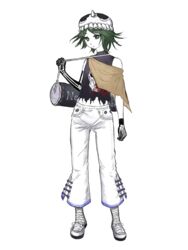  1other adapted_costume androgynous black_bag black_shirt blood blood_on_clothes boots closed_mouth colored_skin full_body green_eyes green_hair highres kitsugai_sese len&#039;en other_focus pants shiluodejiyi237 shirt short_hair simple_background skeletal_arm skeletal_hand skull_on_head skull_print sleeveless sleeveless_shirt torn_clothes torn_shirt white_background white_footwear white_pants white_skin 