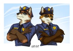  absurd_res anthro back_to_back badge biggoodwolf black_nose blue_clothing blue_eyes blue_shirt blue_topwear canid canine cheek_tuft clothed clothing collared_shirt crossed_arms dipstick_arms dipstick_ears doppelfoxx dress_shirt duo ear_markings ears_up eyewear facial_tuft fluffy_arms fox fur glasses hi_res jakkals_van_der_bergh_(doppelfoxx) littlebadwolf male male/male mammal multicolored_ears neck_tuft necktie orange_body orange_eyes orange_fur police police_badge police_hat police_officer police_uniform scott_(scottthefox94) shirt shoulder_to_shoulder signature simple_background sky sunglasses topwear tuft uniform whiskers white_background yellow_eyes 