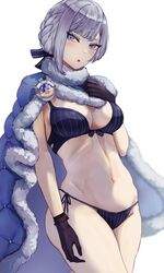  akershus_fortress_(oshiro_project) badge bikini black_gloves blue_cape blue_cloak blue_eyes braid breasts cape cleavage cloak female fluff fur-trimmed_cape fur-trimmed_cloak fur_trim gloves grey_hair highres looking_at_viewer minyom navel oshiro_project:re padded_cloak ribbon side-tie_bikini_bottom solo string_bikini striped_bikini striped_clothes striped_ribbon swimsuit thighs 