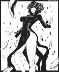  breasts cosplay debris dress female fubuki_(one-punch_man) greyscale highres impossible_clothes impossible_dress large_breasts monochrome mostlybluewyatt one-punch_man short_hair side_slit solo tatsumaki tatsumaki_(cosplay) twitter_username 