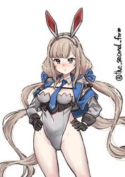  absurdres adapted_costume alternate_costume animal_ears between_breasts black_gloves blue_bow blue_eyes blue_necktie bow breasts capelet detached_collar detached_sleeves female gloves grey_capelet grey_jacket grey_leotard highres jacket kantai_collection leotard light_brown_hair long_hair looking_at_viewer low_twintails maryland_(kancolle) medium_breasts multicolored_capelet necktie necktie_between_breasts one-hour_drawing_challenge playboy_bunny rabbit_ears simple_background solo strapless strapless_leotard the_second_form twintails twitter_username white_background 