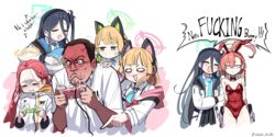  1boy 5girls absurdly_long_hair absurdres anger_vein angry angry_video_game_nerd animal_ear_headphones animal_ears aris_(blue_archive) bare_shoulders blonde_hair blue_archive blue_necktie bow bowtie braid breasts brown_hair cat_ear_headphones closed_mouth collarbone collared_shirt commentary_request constricted_pupils controller covered_navel crossover crying detached_collar doodle_shark electric_guitar english_text engrish_text fake_animal_ears forehead game_controller game_development_department_(blue_archive) guitar halo headphones highres holding holding_controller holding_game_controller instrument jacket james_rolfe korean_commentary leotard long_hair midori_(blue_archive) mixed-language_commentary mole mole_under_eye momoi_(blue_archive) multiple_girls necktie neru_(blue_archive) neru_(bunny)_(blue_archive) official_alternate_costume one_side_up open_mouth orange_hair parted_bangs playing_games playing_guitar pointing profanity ranguage red_bow red_bowtie red_leotard shirt short_hair short_sleeves small_breasts smile sukajan swept_bangs traditional_bowtie twitter_username very_long_hair white_jacket white_shirt yuzu_(blue_archive) 