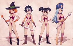  4girls black_eyes black_footwear black_hair black_headwear blue_gemstone blue_hair blue_headwear blunt_bangs blunt_ends bob_cut boots breasts breasts_apart bright_pupils brown_background circlet cleavage clenched_hands closed_mouth clothing_cutout collarbone commentary cross detached_sleeves dragon_quest dragon_quest_iii elbow_gloves fantasy fighter_(dq3) flanged_mace frown full_body gem gloves green_ribbons groin hair_between_eyes halterneck hand_on_own_hip hat hat_ribbon highleg highleg_swimsuit highres holding holding_mace holding_staff holding_sword holding_weapon knee_boots lamb-oic029 legs linea_alba lineup long_hair looking_at_viewer mace mage_(dq3) medium_breasts mitre multiple_girls navel official_alternate_costume one-piece_swimsuit open_mouth orange_eyes orange_gemstone orange_gloves orange_hair parted_lips priest_(dq3) red_eyes red_one-piece_swimsuit revealing_swimsuit_(dq) ribbon roto_(dq3) short_twintails sideboob sidelocks simple_background small_breasts smile spiked_hair split_mouth staff standing stomach_cutout straight_hair swept_bangs swimsuit sword twintails weapon witch_hat yellow_footwear yellow_gloves yellow_sleeves 