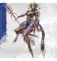  absurdres artist_name blank_eyes bodysuit character_name cleavage_cutout clothing_cutout commentary english_commentary female floating full_body gold_trim headgear highres holding holding_polearm holding_weapon looking_at_viewer melee_weapon_(warframe) orokin_(warframe) polearm prime_warframe signature solo takaya_lee warframe weapon wisp_(warframe) wisp_prime_(warframe) yellow_eyes 