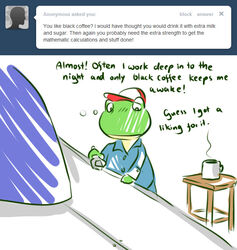  airwing amphibian anthro ask_blog beverage blue_pajamas clothing coffee coffee_cup container cup dialogue english_text frog furniture green_text hat headgear headwear male nintendo pajamas red_clothing red_hat red_headwear simple_background slippy_o&#039;donnell slippy_toad solo star_fox stool text tired tumblr white_background white_clothing white_hat white_headwear workbench 