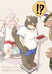  absurd_res anthro blush bottomwear bovid bovine canid canine canis cattle clothing domestic_dog english_text eyebrows grin group hi_res humor inaba_(tas) inutora08 lagomorph leporid lifewonders male mammal moritaka_(tas) prank rabbit scar shennong_(tas) shorts simple_background slightly_chubby smile text thick_eyebrows tokyo_afterschool_summoners tools trio weighing_scale white_background wrench 