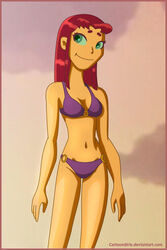  1girls bikini cartoongirls dc_comics purple_bikini red_hair starfire swimsuit teen_titans 