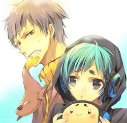  2boys annoyed blue_eyes blue_hair dual_persona gijinka grey_hair headphones holding hood jacket maggyo moemon multiple_boys otamaro personification pokemon pokemon_(game) pokemon_black_and_white pokemon_bw short_hair simple_background stunfisk 