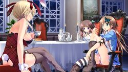  3girls :o animal_ears arm_ribbon ass bare_back blonde_hair blue_eyes boots bow breasts brown_hair butterfly_hair_ornament candle chair cross-laced_footwear crossed_legs cup floral_print game_cg garter_straps green_eyes hair_ornament hairbow hapymaher hirasaka_keiko indoors knee_boots kneehighs koku lace large_breasts legs_up long_hair multiple_girls open_mouth panties pink_panties plaid playboy_bunny rabbit_ears rabbit_tail ribbon short_sleeves single_thighhigh sitting skirt socks striped_clothes striped_thighhighs sweat table tail tea teacup teapot thighhighs thong toriumi_arisu tsukimori_hiro underwear wrist_cuffs yayoi_b_lutwidge 