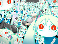  6+girls aimaina aimaina_(vocaloid) aqua_hair blue_dress chibi clone commentary creature_on_head dress hatsune_miku long_hair looking_at_viewer lying multiple_girls no_mouth on_back original photoshop_(medium) pinocchio-p red_eyes skirt slit_pupils thighhighs twintails vocaloid |_| 