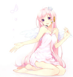  angel_wings aobara barefoot blue_eyes commentary_request crown dress female full_body headphones headset highres long_hair megurine_luka pink_hair simple_background sitting smile solo vocaloid white_dress wings 