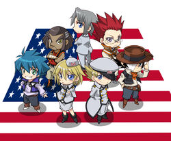  6+boys american_flag amon_garam austin_o&#039;brien bandage_over_one_eye black_hair blonde_hair blue_eyes blue_hair blush breasts chibi commentary_request crossed_arms dark_skin david_rabb edo_phoenix female flag flag_background formal green_eyes grey_hair grin hat highres jim_crocodile_cook johan_andersen multiple_boys red_hair reggie_mackenzie school_uniform smile united_states yu-gi-oh! yu-gi-oh!_gx yuuki212 