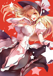  ;d aged_up apron blonde_hair bow braid breasts bustier cleavage commentary_request female gloves hat high_heels highres invincible_marisa kirisame_marisa large_breasts long_hair looking_at_viewer new_super_marisa_land nokishita one_eye_closed open_mouth pantyhose photoshop_(medium) red_background running shoes simple_background skirt_hold smile solo star_(symbol) touhou waist_apron white_gloves witch witch_hat yellow_eyes 